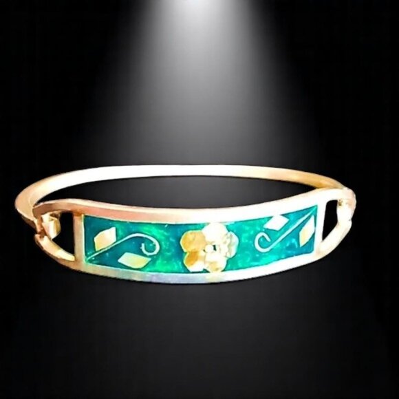 Taxco Jewelry - Vintage Silver .925 Hinged Bracelet Taxco Mexico Abalone Flower Green Malachite